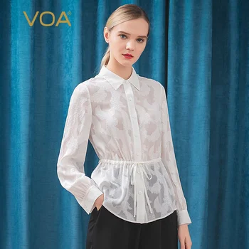 

VOA White Silk Stereo Embroidered POLO Collar Drawstring Waist Single Row Button Soft Breathable Loose Long Sleeve Shirt B9275