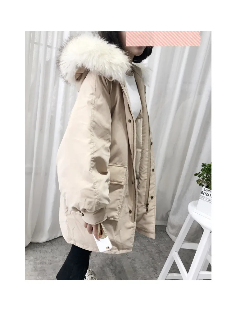 New Style Korean-style Large Fur Collar down Jacket Women's Mid-length When Thick Loose Peach Skin Large Pocket Coat