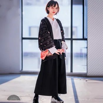 

Kimono Pants Women 2020 Japanese Wide Leg Pants Vintage Embroidery Loose Black Pants Female Fashion Skirts Traditional Costume