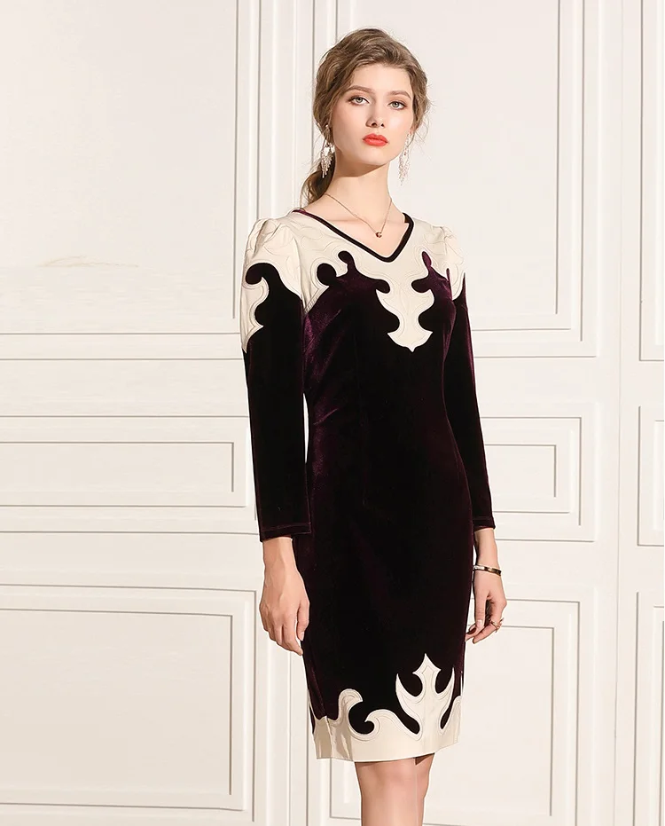 

XXXXL Bodycon Dress 2020 Autumn Winter Party Event Women V-Neck Geometric Patterns Embroidery 3/4 Sleeve Vintage Retro Dress