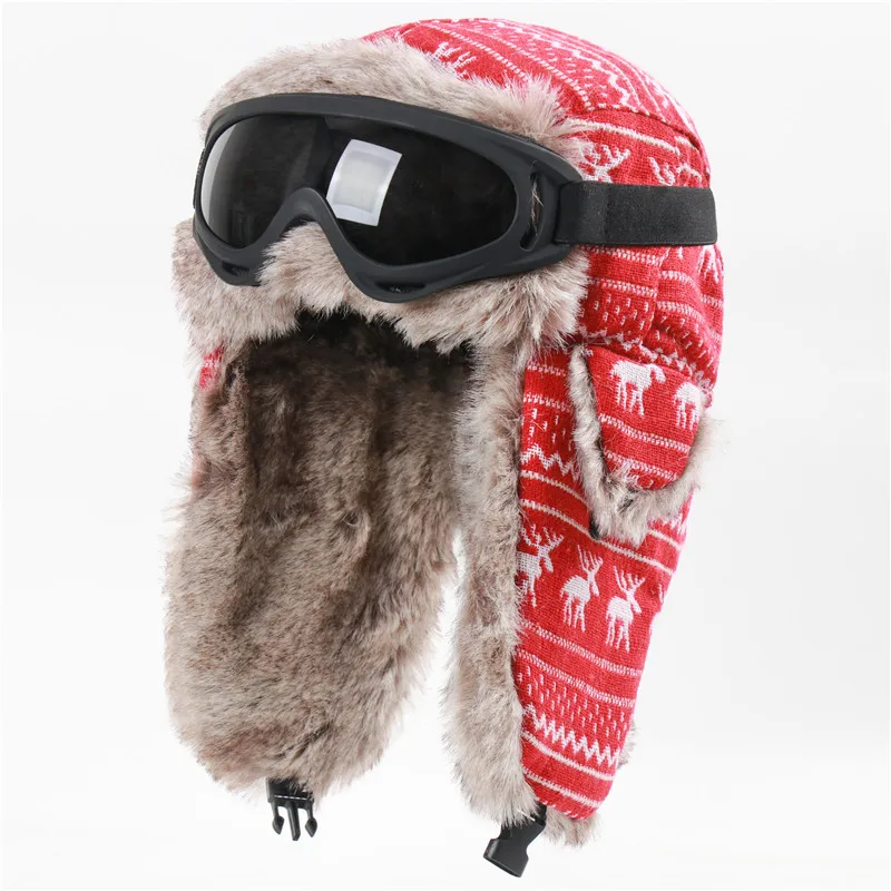 mens mad bomber hat CAMOLAND Warm Winter Hats For Women Men Cartoon Bomber Hats Faux Fur Earflap Caps With Goggles Male Russia Snow Skiing Caps leather bomber cap