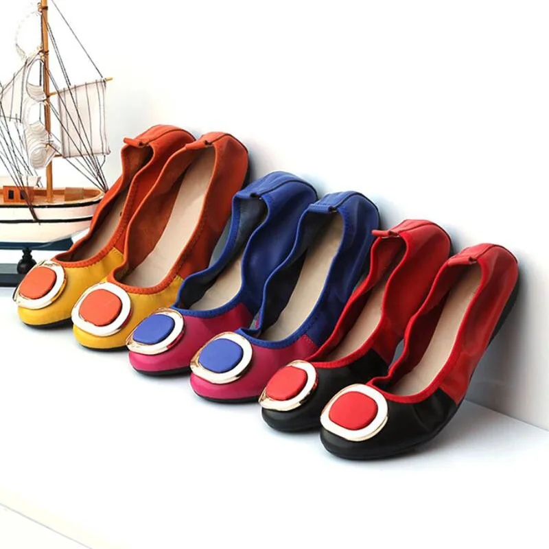 Ballet Flats Genuine Leather Round Head Color Matching Shoes Woman Loafers Fashion Sweet Flat Casual Comfortable Plus Size 35-43