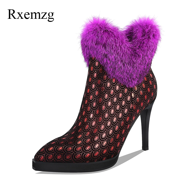 

Rxemzg high heels boots pointed toe ladies winter shoes thin heels ankle boots for women fashion fur winter boots women leather