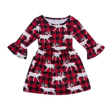 Новое рождественское платье с длинными рукавами для маленьких девочек, клетчатые платья-пачки с рождественским оленем