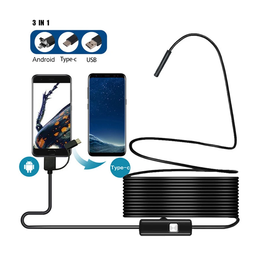 Cámara endoscópica Flexible USB tipo C, endoscopio de tubo de inspección HD, impermeable, para teléfono Android, PC, coche, Cable duro de 10M