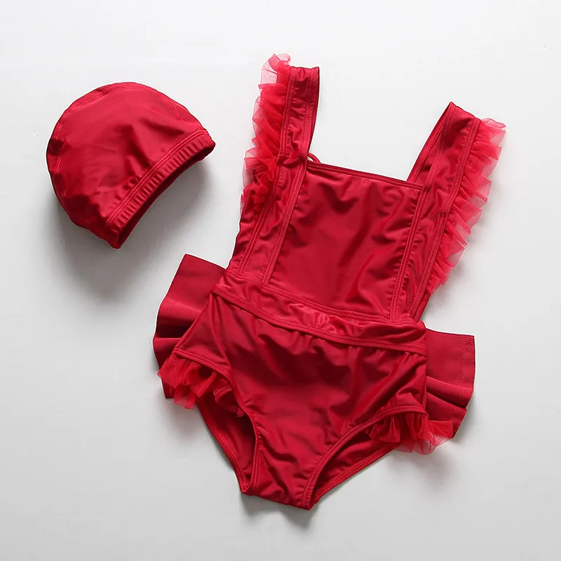 Детский цельный купальник для девочек, спортивный купальник, бикини с открытой спиной, с закрытой шнуровкой, с бантом, красный купальный костюм, пляжная одежда