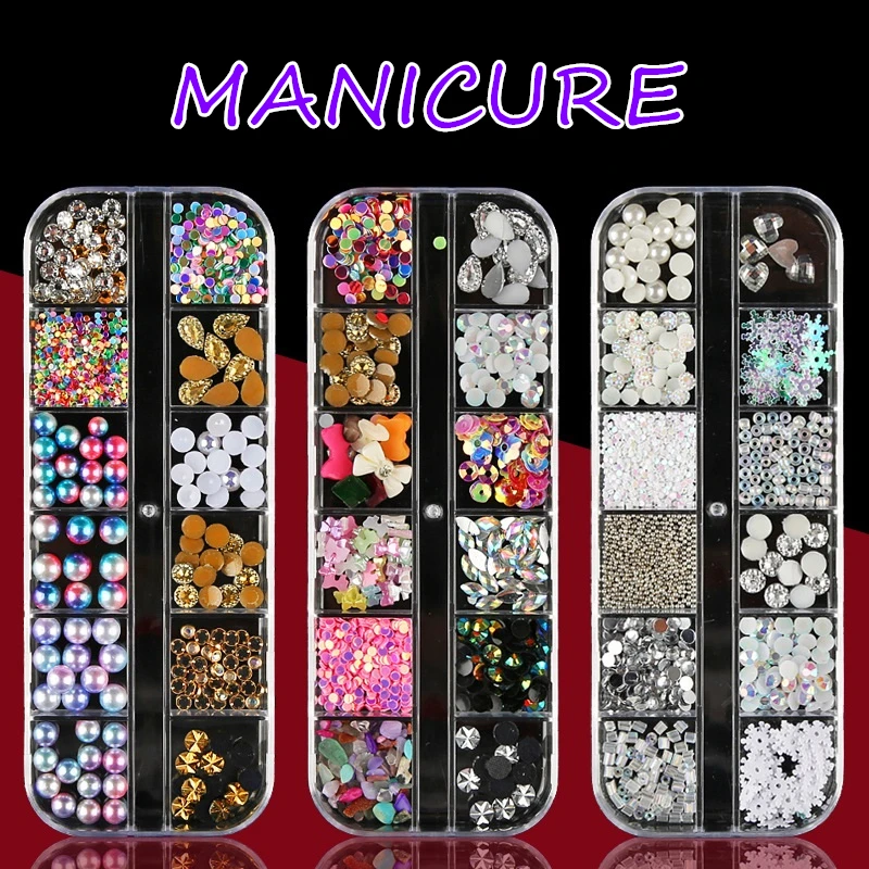 

12Grids/Box Crystal Nail Art Rhinestones Glass Nail Stones Shiny Flatback 3D DIY Nail Art Decoration