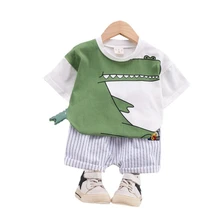 T shirt et short à rayures pour bébés garçons et filles, vêtements d'été à la mode, tenue de sport, dessin animé, 2 pièces/ensembles 