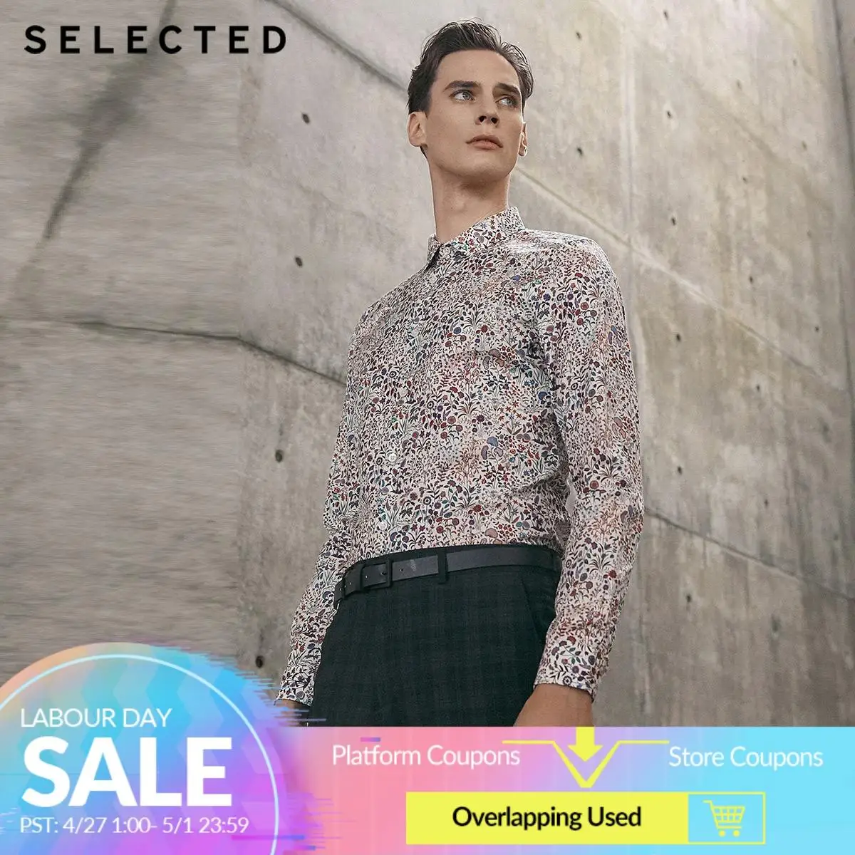 

SELECTED Men's 100% Cotton Slim Fit Printed Long-sleeved Shirt T|419105586