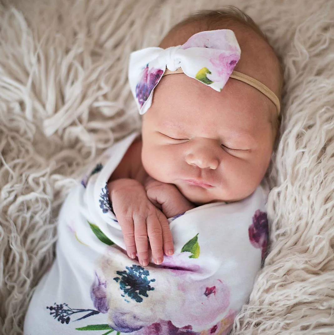 Newborn Blanket Headband Set Baby Girl Swaddle Cotton Sleeping Bag Wrap Set 