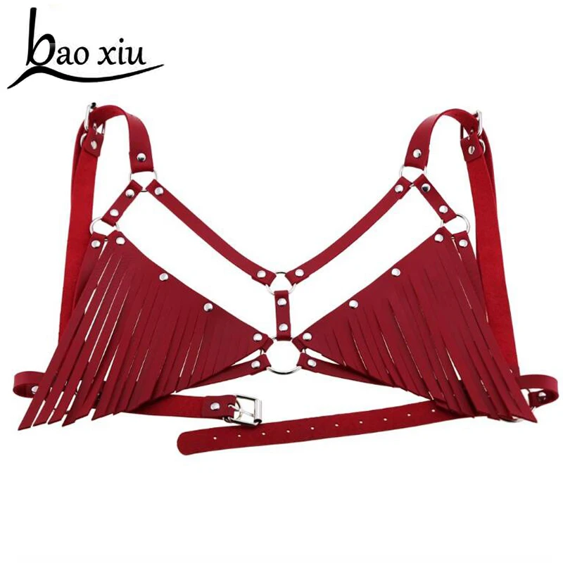 

Женский бандажный бюстгальтер Harajuku, с кисточками, из искусственной кожи, сексуальный топ для клубной вечеринки, танцев, кожаный ремень безопасности, фестивальный рейв