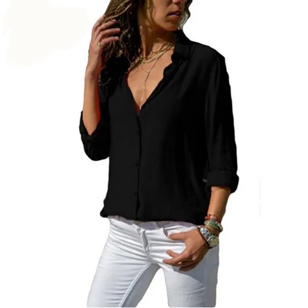 Женские шифоновые топы, блузки, осень, длинный рукав, одноцветная, v-образный вырез, офисная блузка для женщин, для работы, женская рубашка на пуговицах размера плюс 3XL - Цвет: TS8004-BK