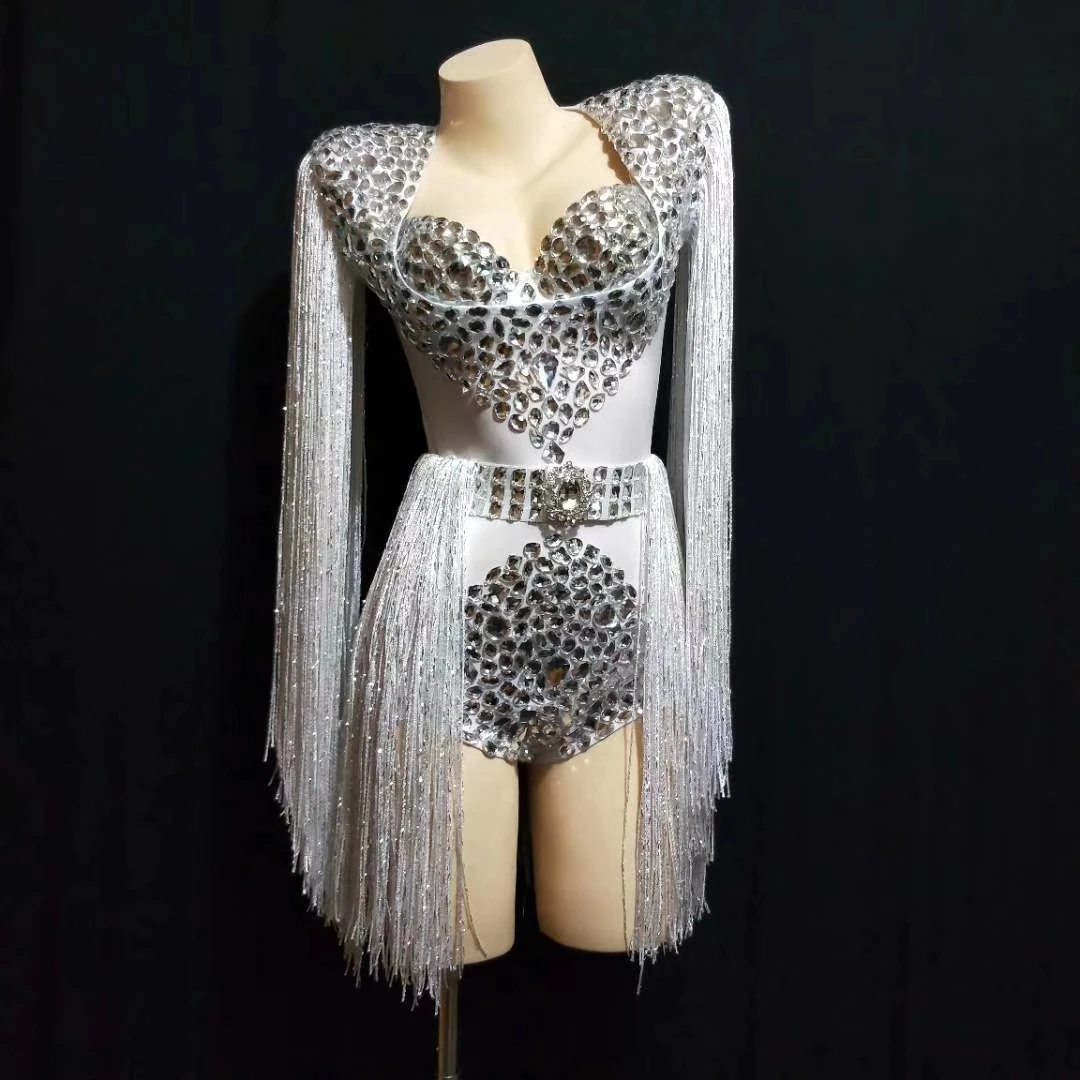 fishnet bodysuit Long Tassel Shoulder Badge Crystal Bodysuit Women Carnival Party Rhinestone Fringes Leotard Singer Dancer Stage Performance Wear neon bodysuit