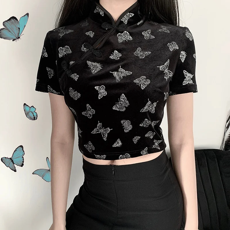 Женский Готический укороченный топ Qipao стильный с принтом бабочки воротник