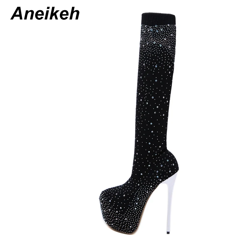 Aneikeh/пикантные модные блестящие эластичные сапоги-носки, стразы эластичные ботфорты на платформе и высоком каблуке женские весенне-осенние сапоги