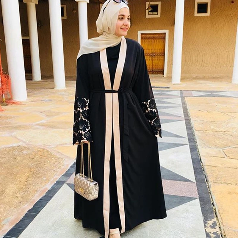 

Siskakia Muslim Women's Open Abaya Black lace Patchwork Cardigan Abayas Dubai Moroccan Kimono Outerwears Turkey Islamic Jubah