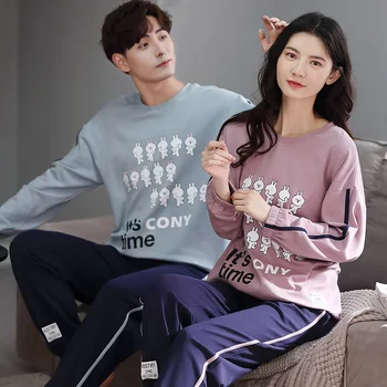 

XIZOU Autumn Winter Couple Pajamas Simple Gray Cotton Splicing Round Neck Long Sleeve Woman Sleepwear Loose Comfort Home Clothes