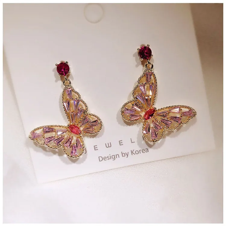 S925 Silver Needles Drop Earrings For Women Green/Pink Cubic Zirconia TButterfly Romantic Fine Jewelry Bridal Wedding Accessory - Цвет камня: Pink