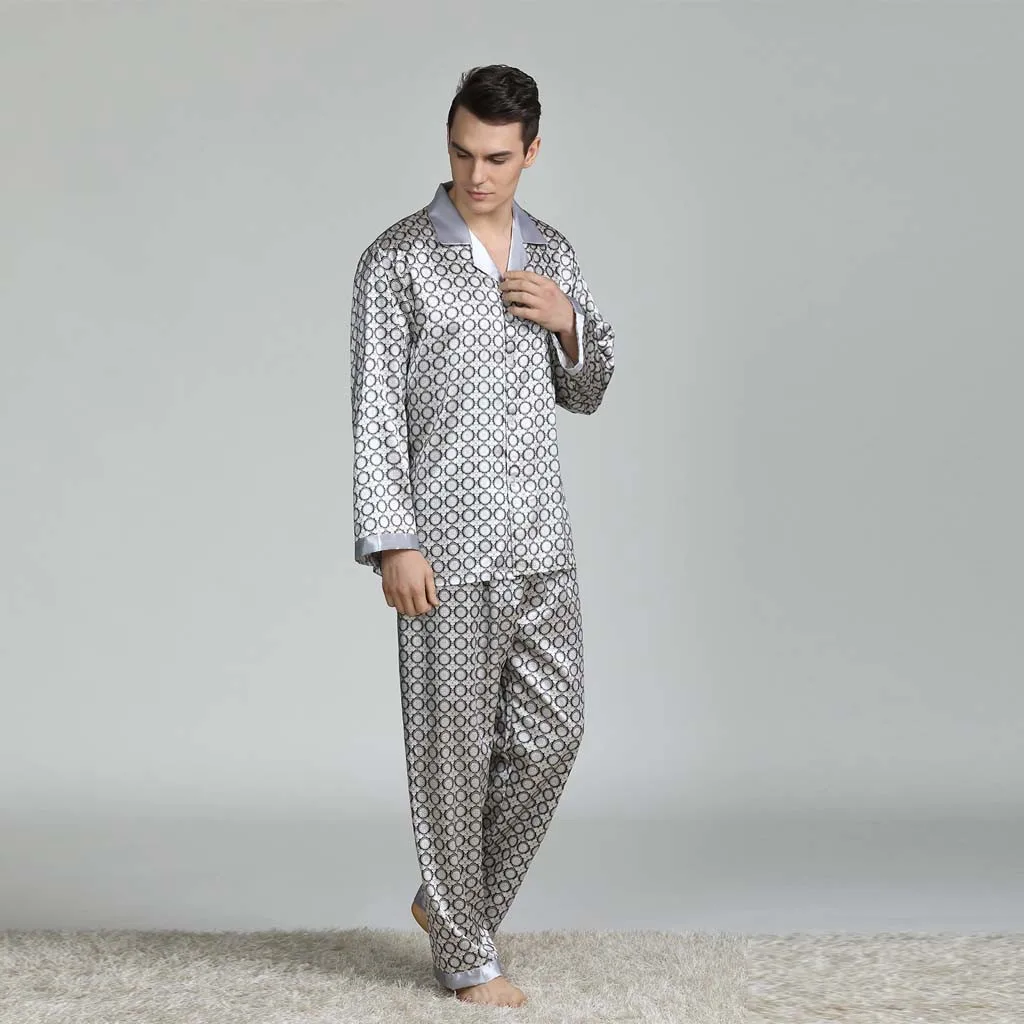 ISHOWTIENDA мужской Пижамный костюм с длинными рукавами, комплект одежды, новая модная ночная рубашка с принтом в горошек, шелковые пижамы, домашняя одежда Gh4