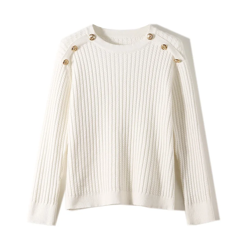 

2019 Autumn Winter Clothes Women Sweater Button Decoration Long Sleeve Elegant Twist Striped Knitting Pullovers Tops TA24002