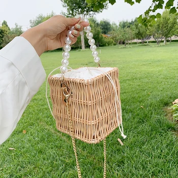 

Pearl handle Woven Tote bag 2020 Summer New High-quality Straw Women's Designer Handbag Chain Shoulder Messenger Bag Purses