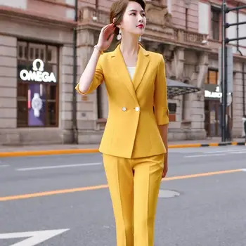 

Green Yellow Pink Two Pieces Set Women Pant Suit Size S-5XL Three Quarter Sleeve Jacket Blazer With Pant Casual Suit Set