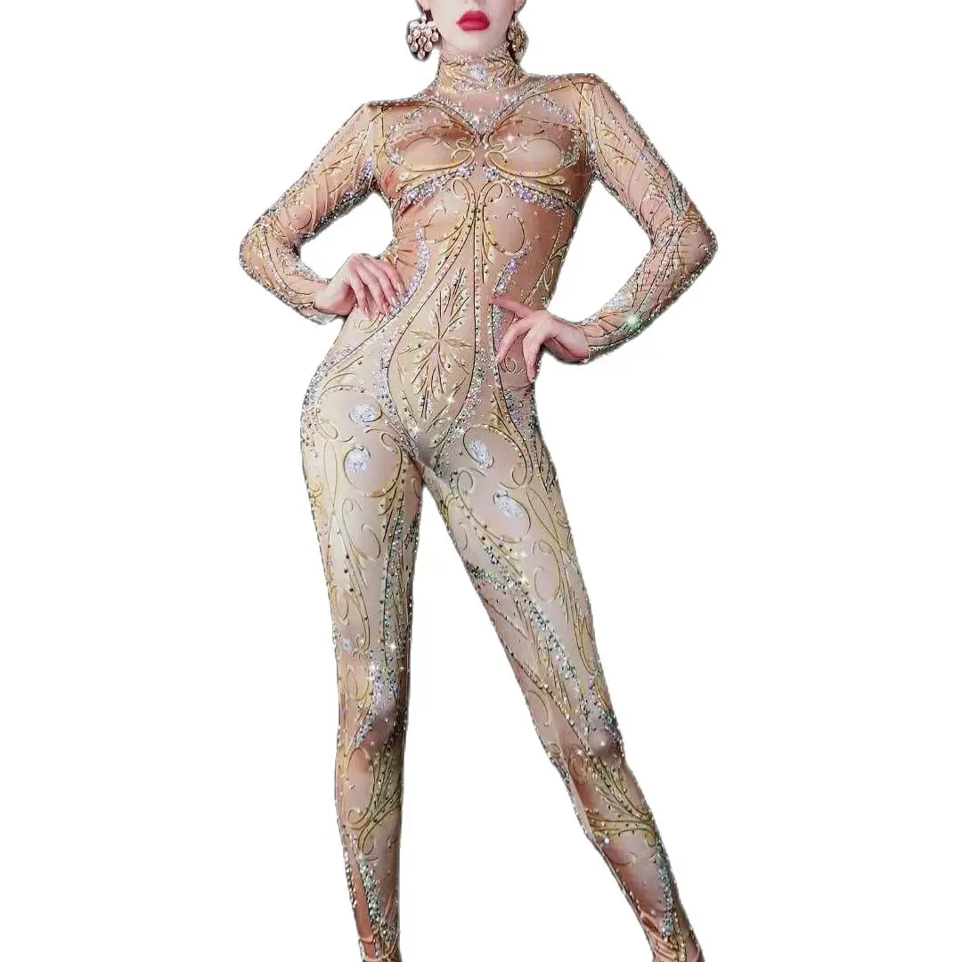 Luxurious Golden Crystal Rhinestone Jumpsuits Women DJ Nightclub Outfit Female Dancer Stage Show Long Sleeve Bodycon Costume flame red feather jumpsuit stage performance costume bar concert dj singer dancer costume