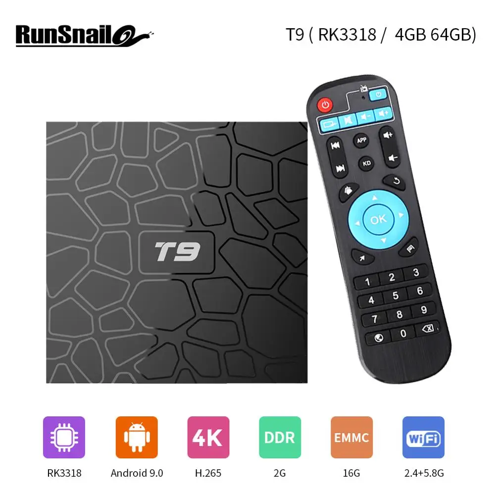 

Smart Android tv box T9 RK3318 Quadcore Android 9.0 Dual 2.4G/5G wifi 4G 64G BT 4.0 100M RJ-45 LAN 1080P 3D Set top box