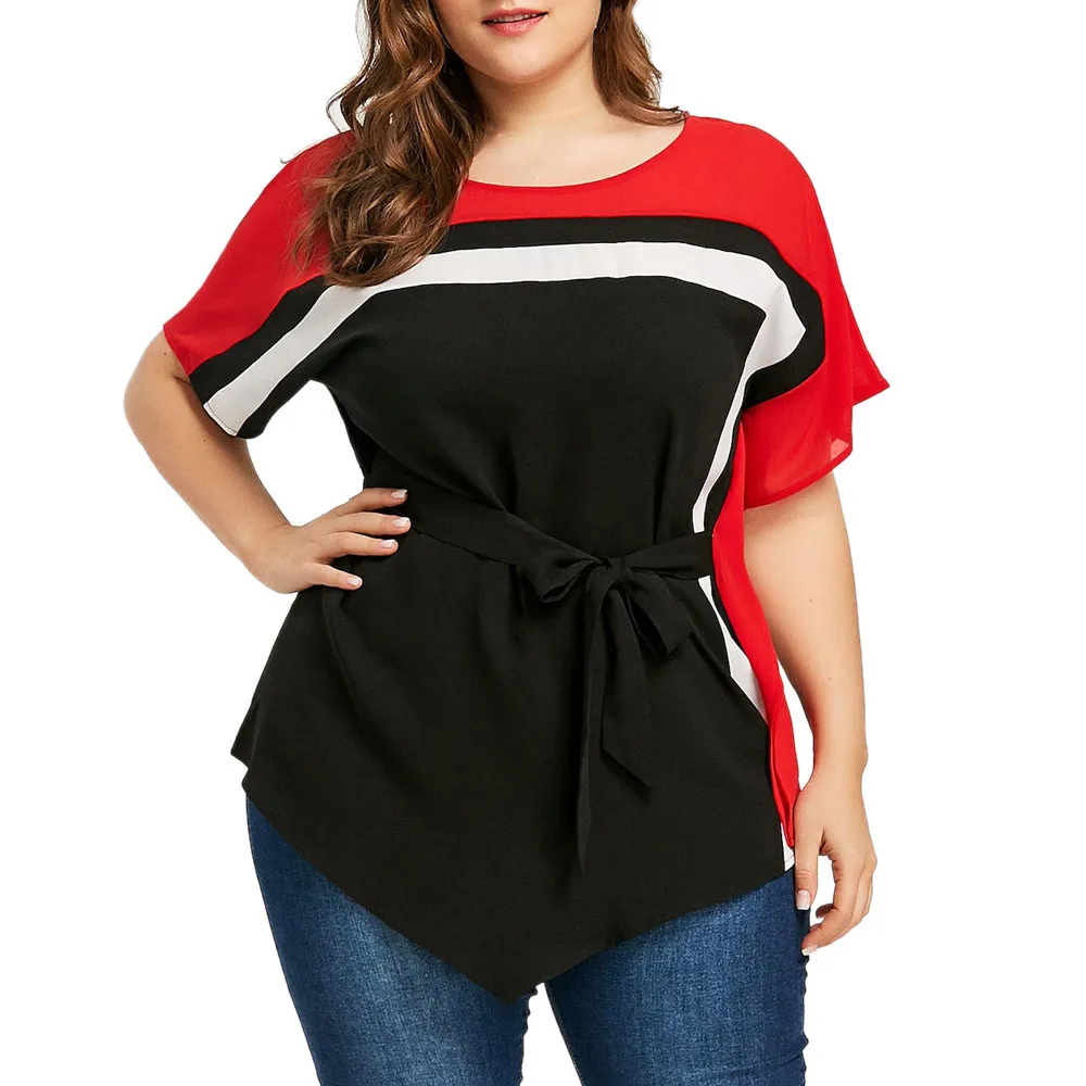

New Tshirt Plus Size 5XL Stripe Printed Lace Up Shirt Short Sleeve Asymmetric Loose Women's Tunic blusas mujer de moda 2019