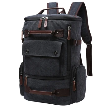 

Men Casual With Button Students Zipper Closure Camping Top Handle Backpack School Bag Multi Pocket Solid Large Capacity Canvas