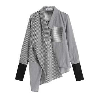 

Fashion Women Black Striped Asymmetrical Split Joint Blouse New Lapel Long Sleeve Loose Fit Shirt Spring Autumn 2020