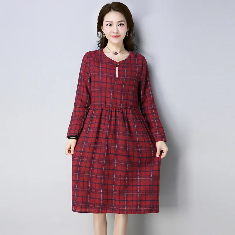 

2019 Spring Clothing New Style Sanding Plaid Dress Women's Vintage Loose And Plus-sized Slim Fit Long Sleeve Big Skirt