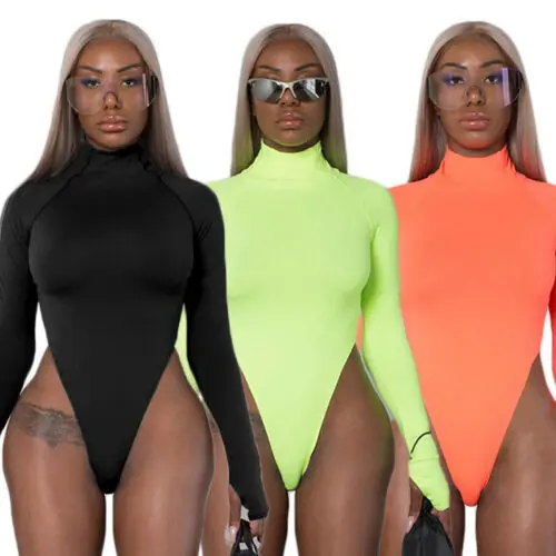 

Women Playsuit Turtle Neck Long Sleeve Stretch Leotard Bodycon Bodysuit Top Blouse Romper 2019 NEW