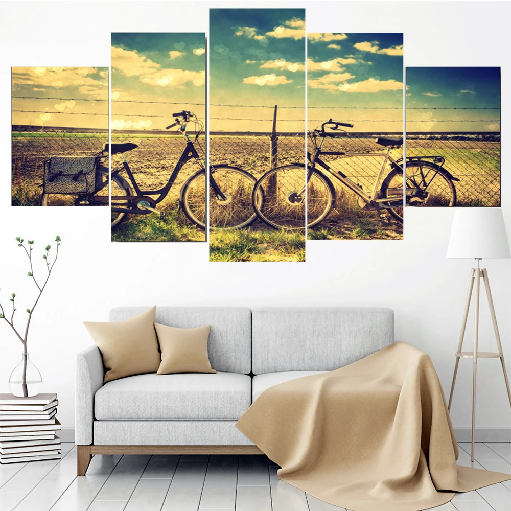

5 Pieces Wall Art Canvas Painting Bicycle Retro Landscape Poster Pictures Modern Home For Decoration Modular Living Room