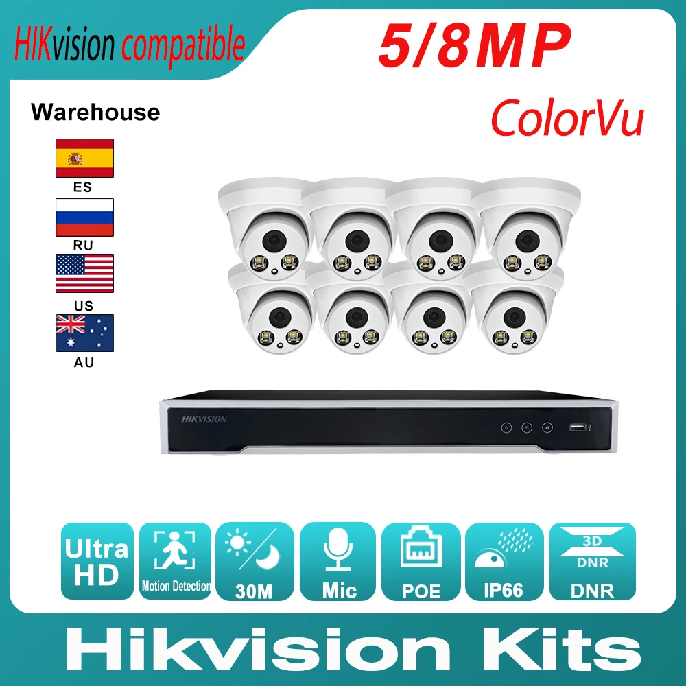 Hikvision Compatible Kit IP Dome ColorVu Camera 5/8MP 8PCS Built-in Mic + Original NVR DS-7608NI-K2/8P 4K CCTV System | Безопасность и