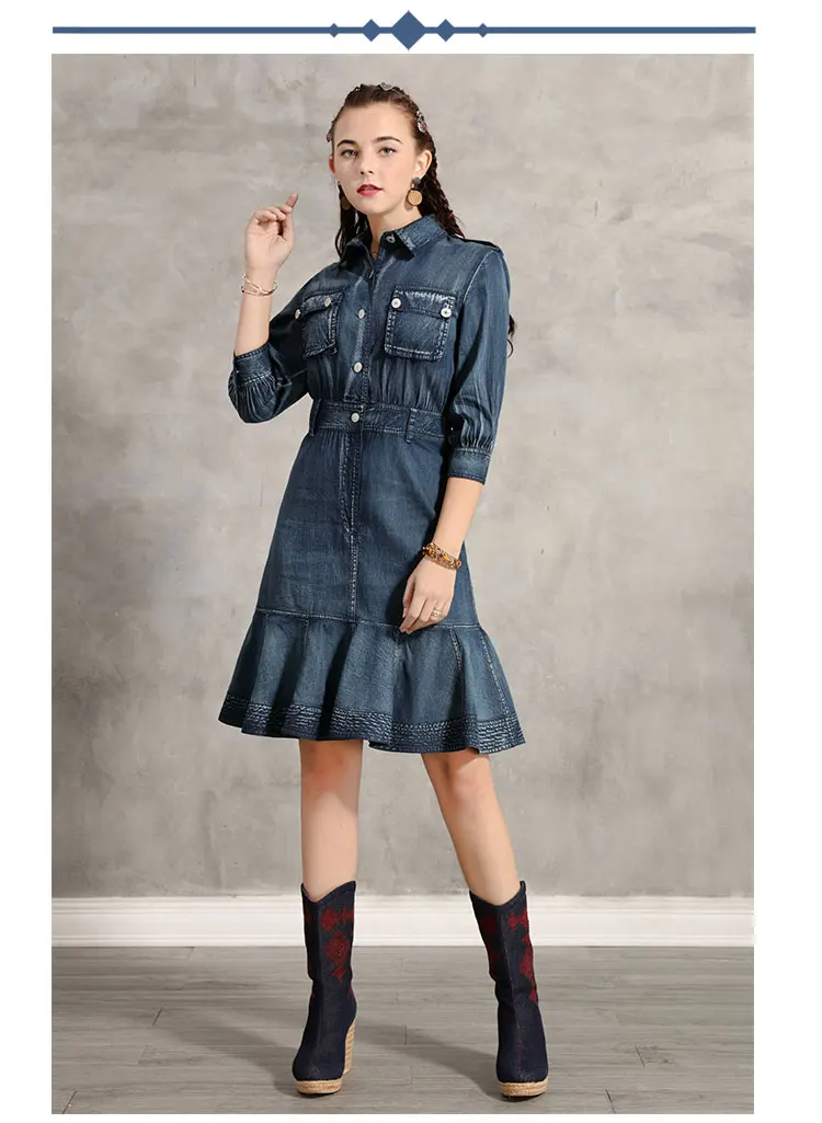 Женское платье Yuzi. may Boho, новинка, джинсовые женские платья с отложным воротником и оборками, с коротким рукавом, Vestidos A82195, Vestido Feminina