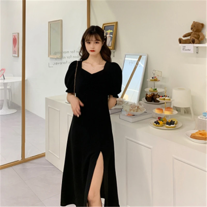 

New Large Size Women's Dress in Summer Dresses Vintage Split Office Ladies Clothing Elegant Black Dress Femme Vestido N250