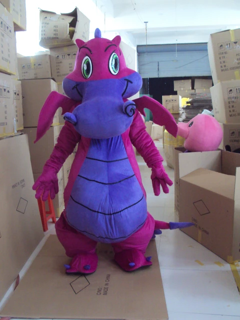 Mascote dinossauro roxo com um chapéu e gravata