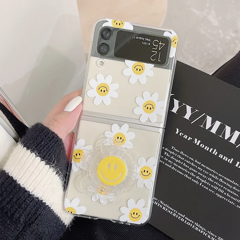 Beautiful Sunflower Phone Case For Samsung Galaxy Z Flip 3 Cute Smile Holder Clear Hard PC Cover Case For Samsung Z Flip3 Zflip3 kawaii samsung phone cases