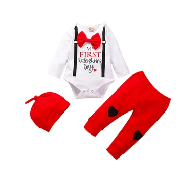 

Baby's Boy Girl Sets Bodysuit Pants Hat Boys Girls Cotton Bow Valentine's Day Letter Print Long Sleeve Romper Solid Color