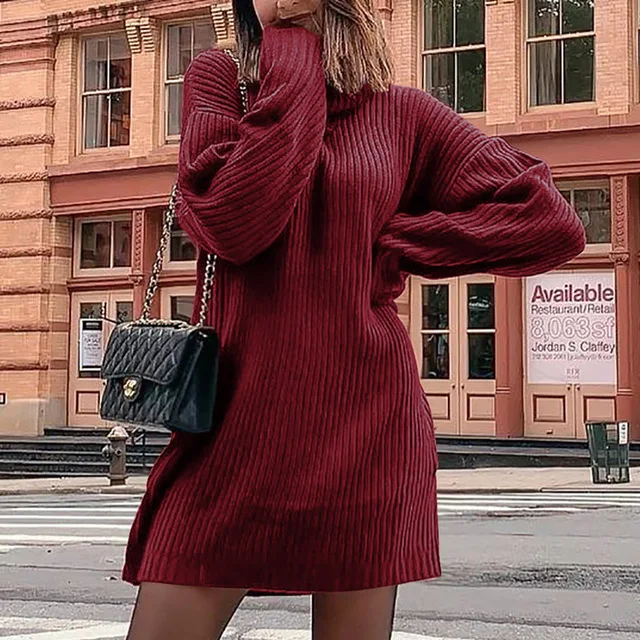 Красный WTAB 2XL Autumn Winter Rib Knit Warm Sweater Dress Women Turtleneck Long Sleeve Party Dress Sexy Pullover Mini Dress Vestido - Цвет: Красный