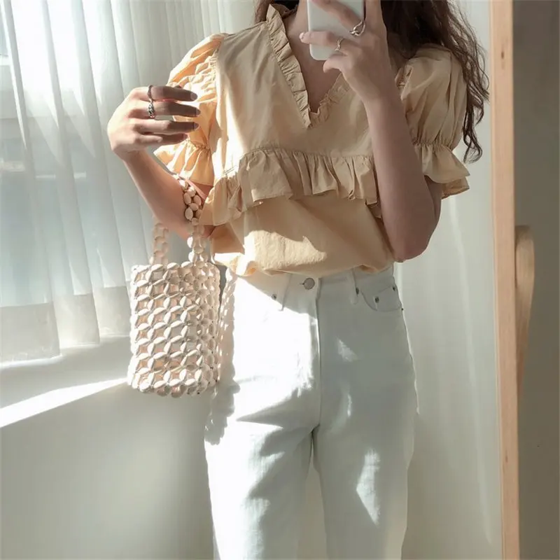 

Alien Kitty Summer Retro Chic Short Sleeves Ruffles 2020 Solid Elegance Sweet All Match Girls Women Blouses High Waist Shirts