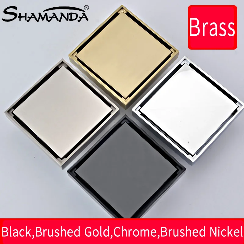 

Bathroom Tile Insert Floor Drain Brass Square Black Brushed Gold Invisible Floor Waste Grates Shower Drain Strainers