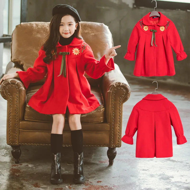 

2018 Winter Style New Style Girls Children Large Childrenswear Embroidery Woolen Cloth Thick Quilted Coat