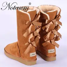 Женские зимние австралийские меховые сапоги из натуральной кожи на плоской подошве для девушек женские высокие сапоги женские зимние сапоги с искусственным мехом и плюшевой подкладкой с бантом сзади