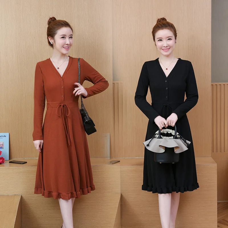 

2019 Spring Large Size Dress Korean-style V-neck Slim Fit Slimming Mid-length Long Sleeve Fat Mm Dress