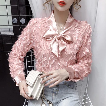 

COIGARSAM Fashion Chiffon blouse women New Spring Cute Tassel Feathers blusas womens tops and blouses Pink 6937