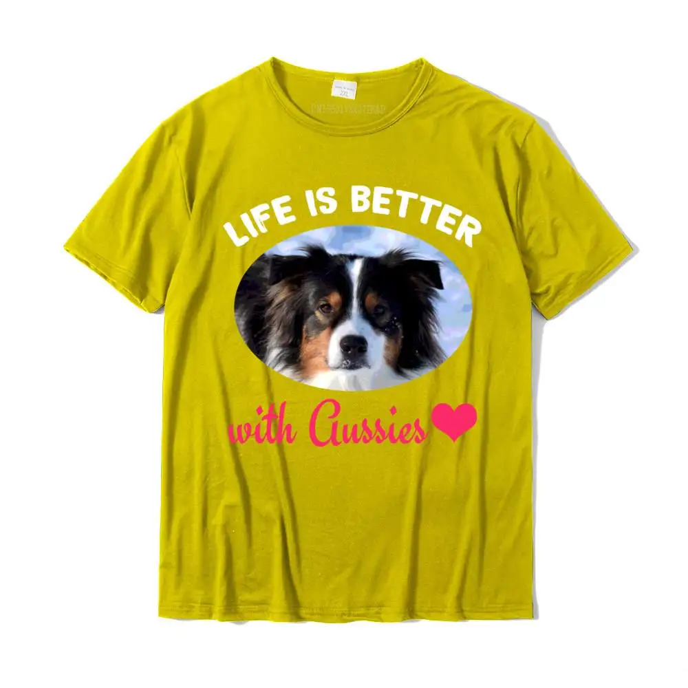 Casual Birthday Summer Pure Cotton Round Collar Mens Tops Shirt Group Tops & Tees Fashionable Short Sleeve T Shirt Love is Better With Aussies Cute Australian Shepherd Gift Sweatshirt__MZ24099 yellow