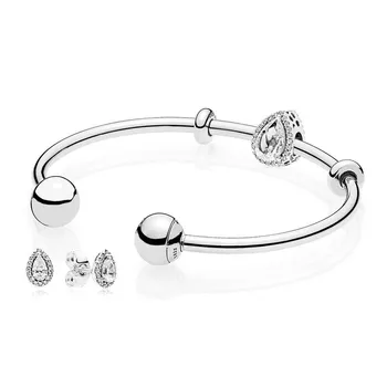 

NEW 925 Sterling silver Radiant Teardrop Open Bangle and Earrings Set Clear CZ fit DIY charm Bracelets jewelry A set of prices