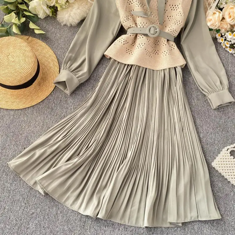 Neploe French Retro Temperament Chic 2 Pcs Women Set Autumn Lace Up Bow Long Pleated Dress+ Hollow Out Knit Vest Chandal 47035